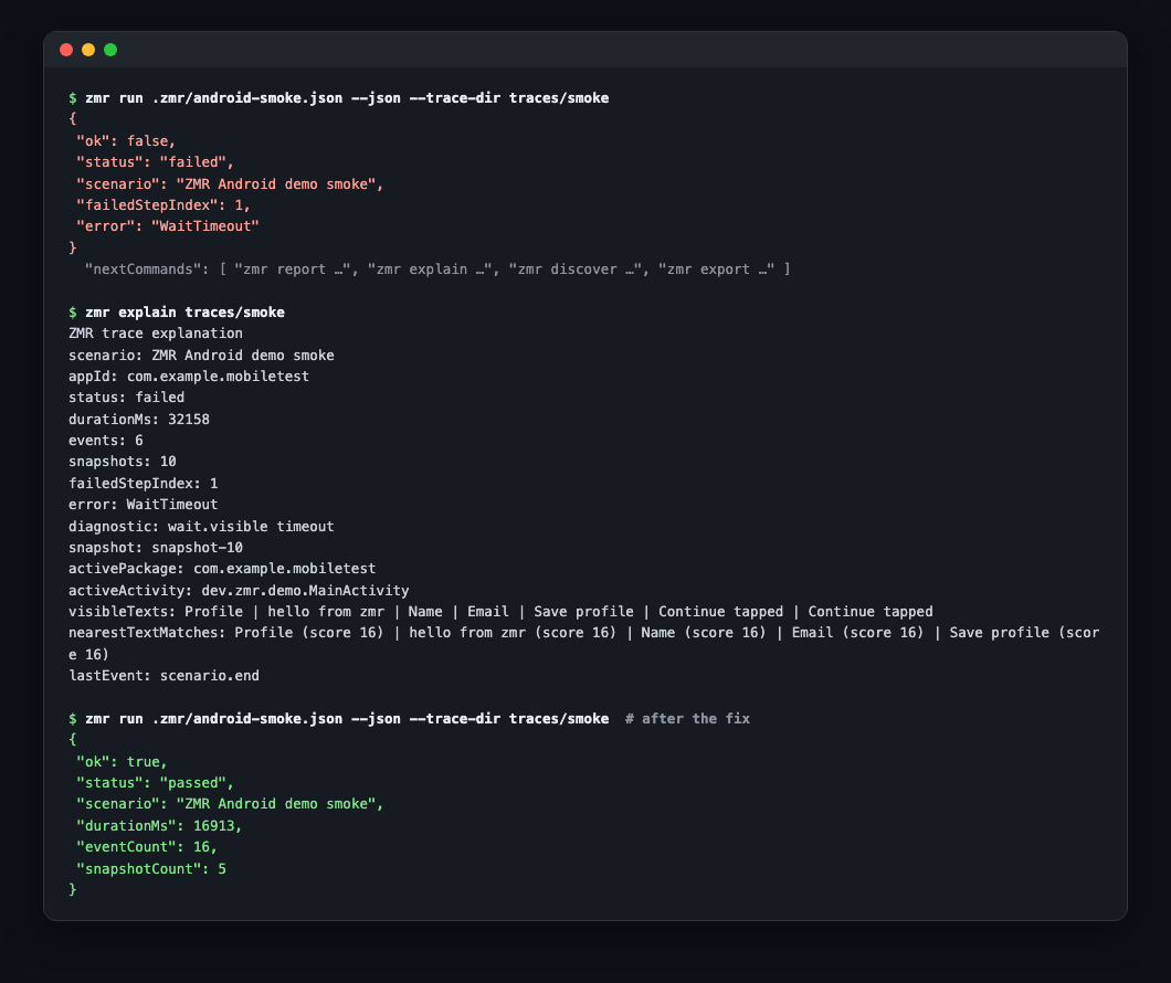 ZMR command output showing a failed Android scenario, the named WaitTimeout explanation, and the same scenario passing after the fix.